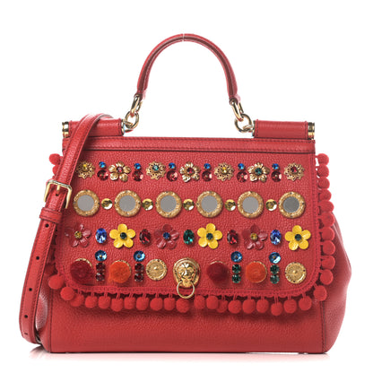 Dolce & Gabbana Calfskin Embellished Medium Miss Sicily Satchel Red 1 of 15