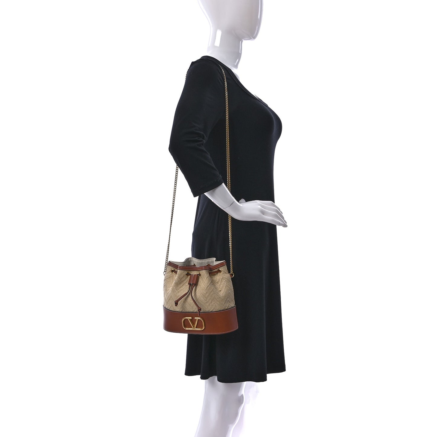 Raffia Calfskin Vlogo Drawstring Shoulder Bag Naturale Saddle Brown