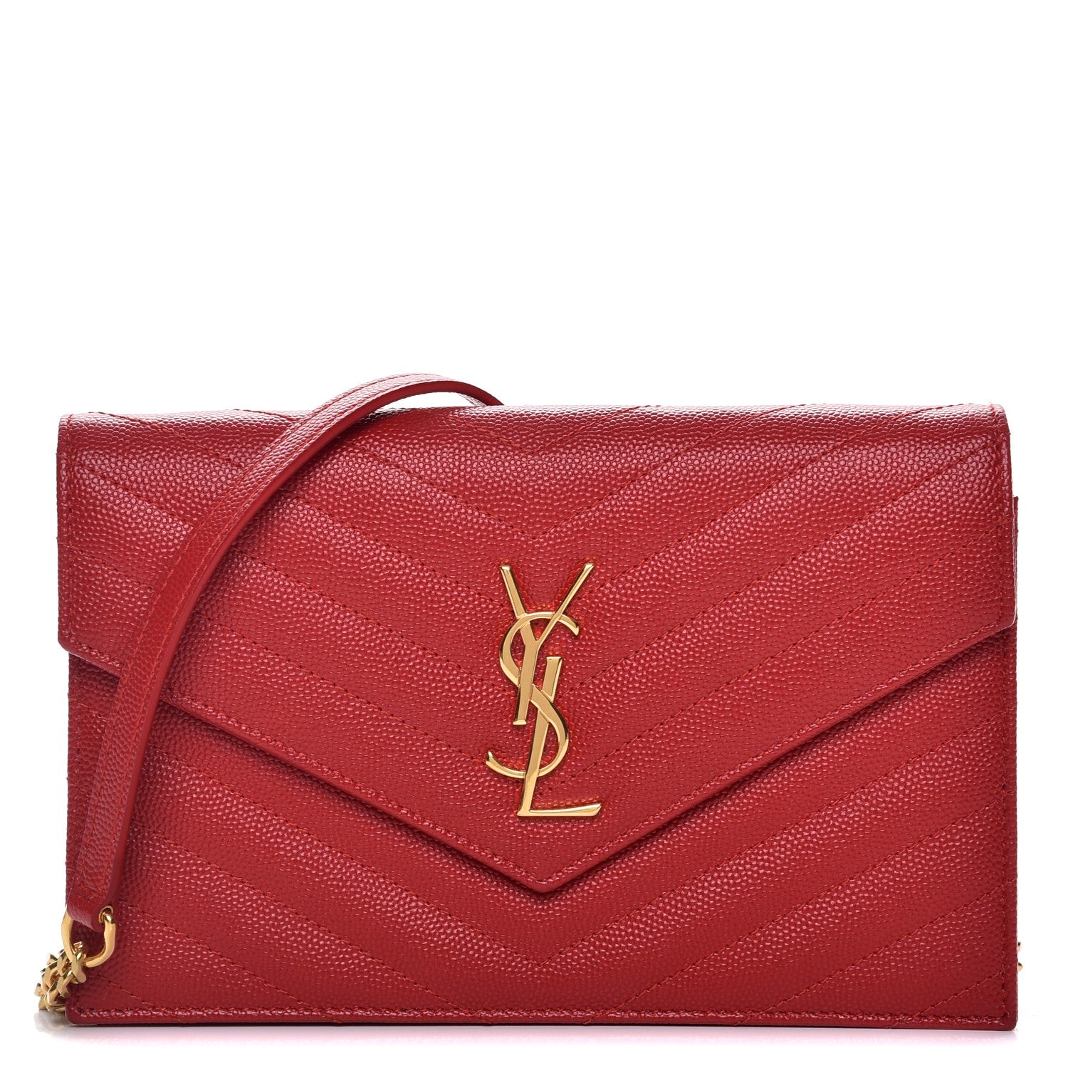 Saint Laurent Grain De Poudre Matelasse Chevron Monogram Envelope Chain Wallet New Red 1 of 9