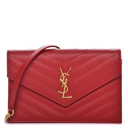 Saint Laurent Grain De Poudre Matelasse Chevron Monogram Envelope Chain Wallet New Red 1 of 9