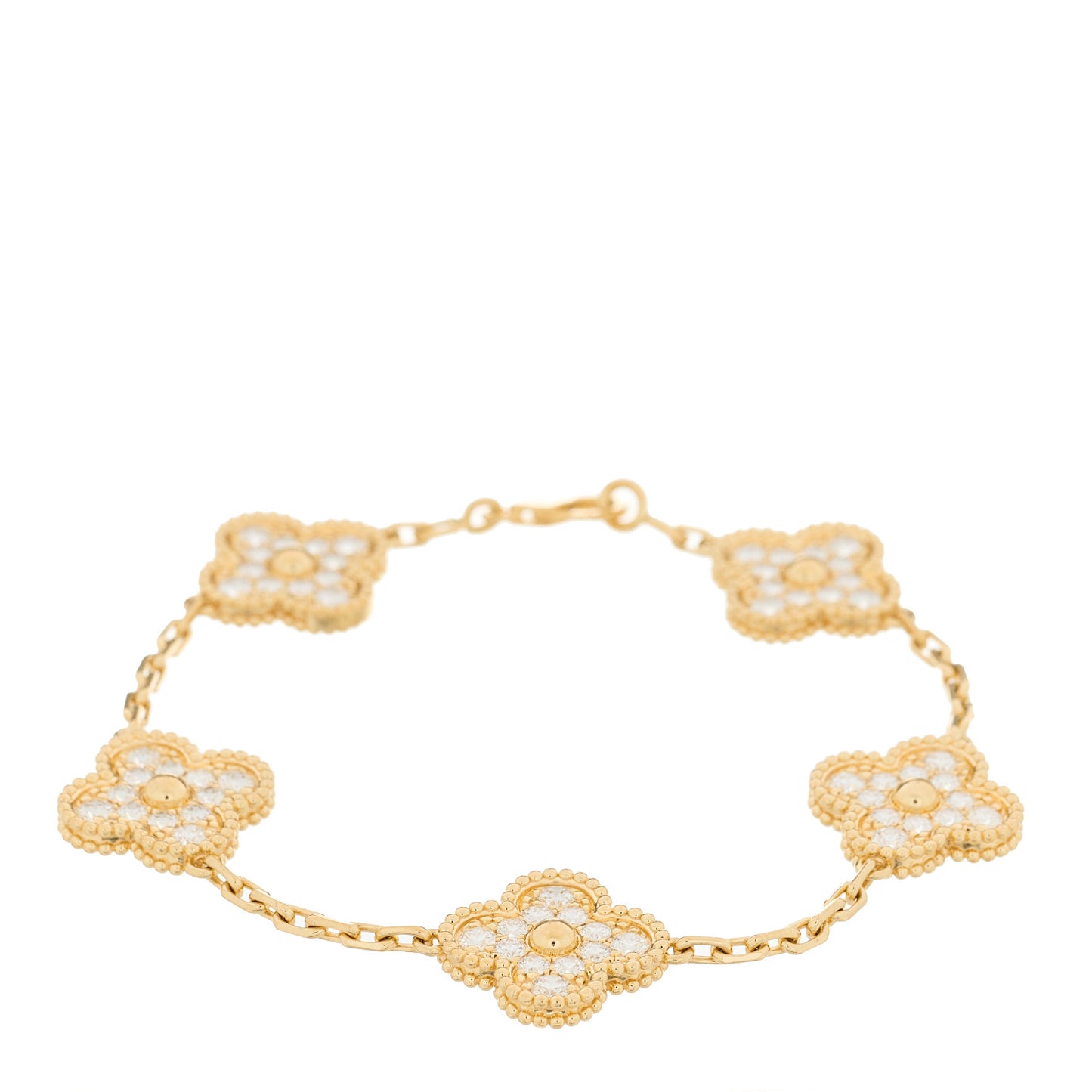18K Yellow Gold Diamond 5 Motifs Vintage Alhambra Bracelet