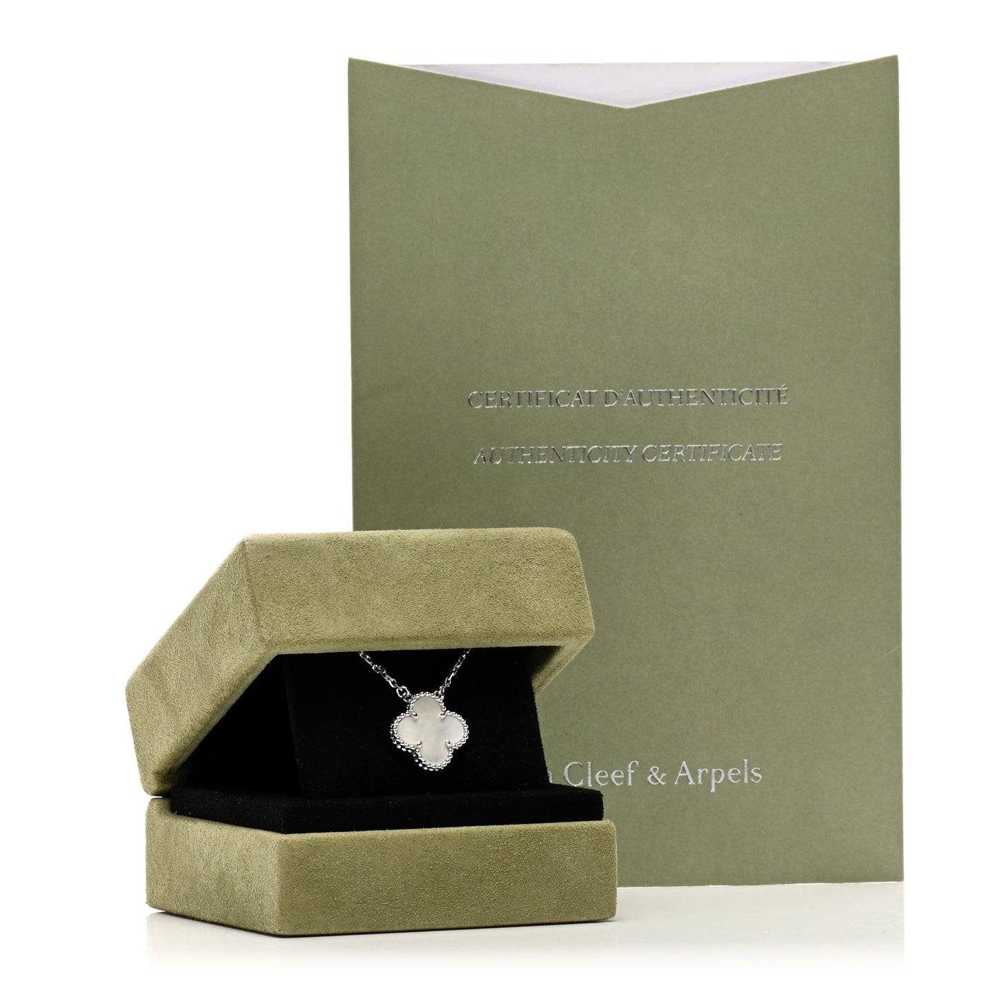 18K White Gold Mother Of Pearl Vintage Alhambra Pendant Necklace