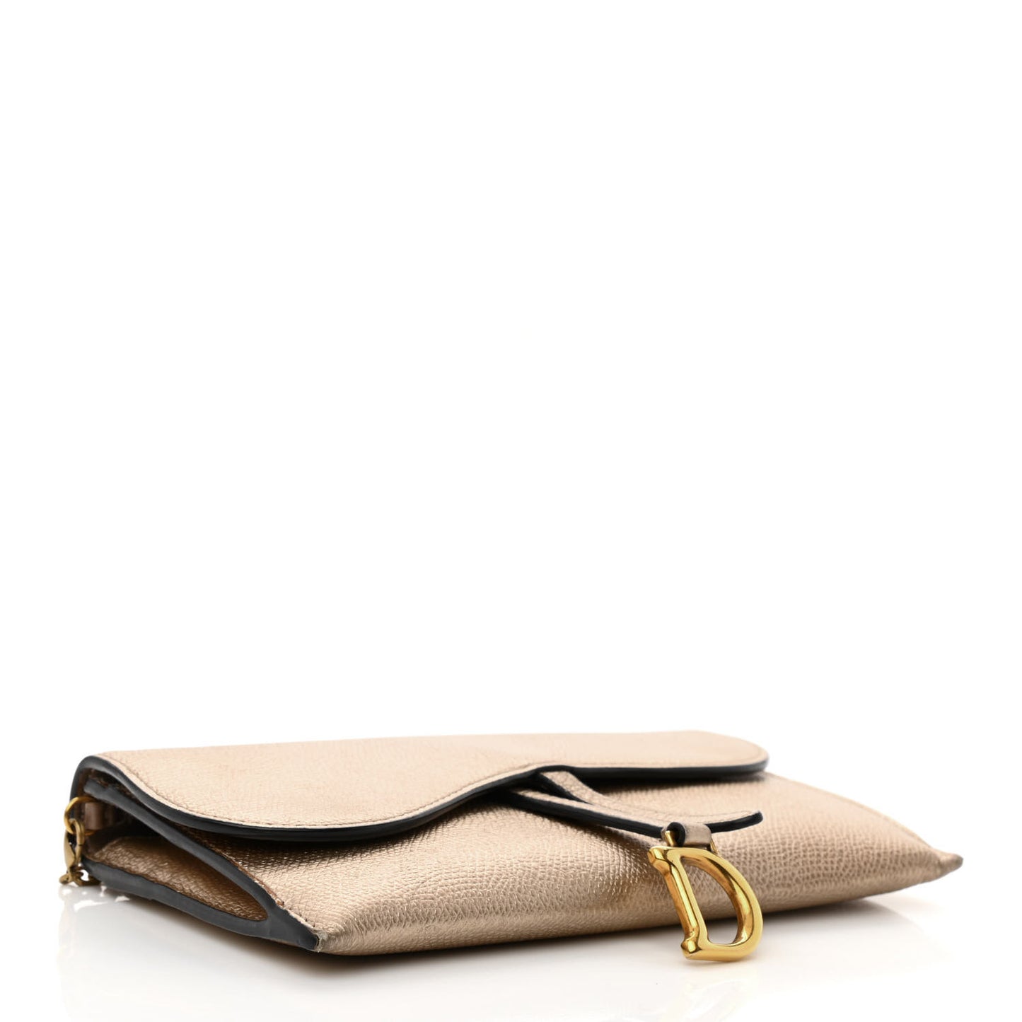 Metallic Grained Calfskin Saddle Chain Wallet Pouch