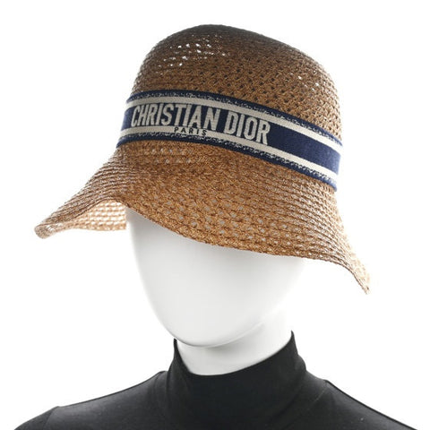 Straw Embroidered Dioriviera D-Wave Large Brim Cloche Hat 58 Natural