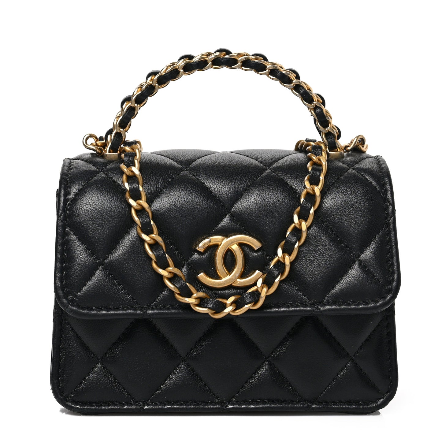 Lambskin Quilted Chain Top Handle Clutch With Chain Black