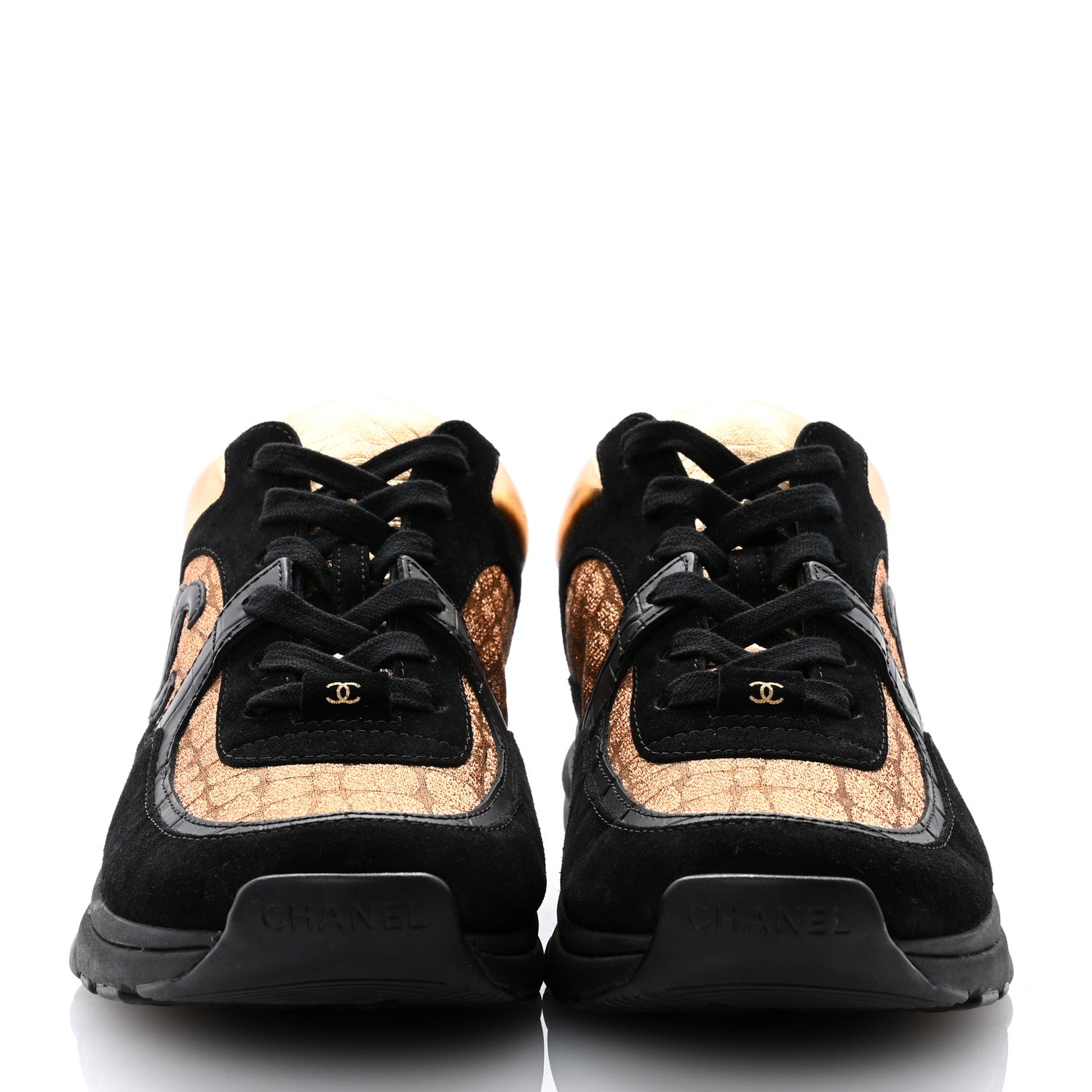Chanel Metallic Fabric Suede Calfskin Crocodile Embossed CC Sneakers 40.5 Black Gold 2 of 8