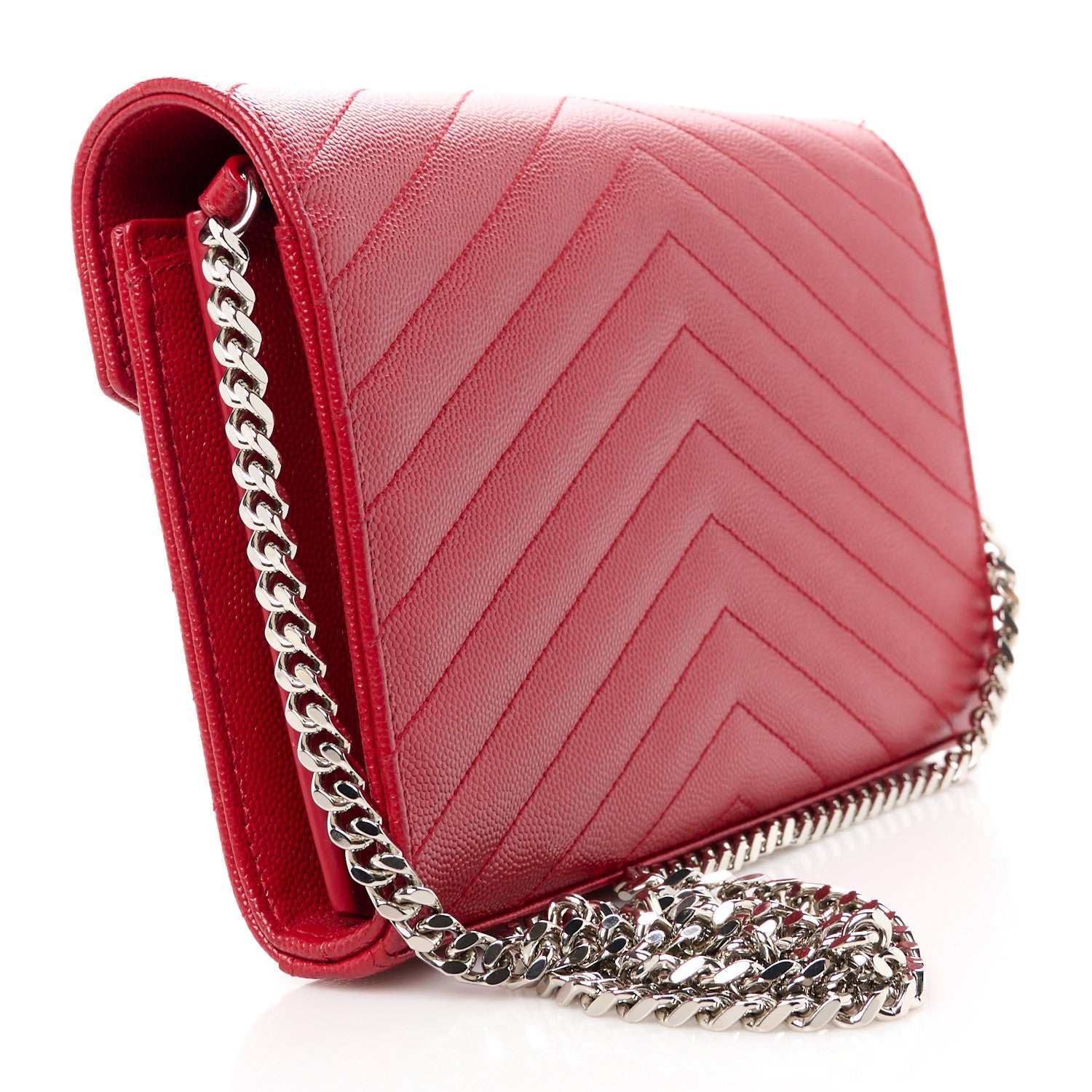 Saint Laurent Grain De Poudre Matelasse Chevron Monogram Chain Wallet Red 3 of 11