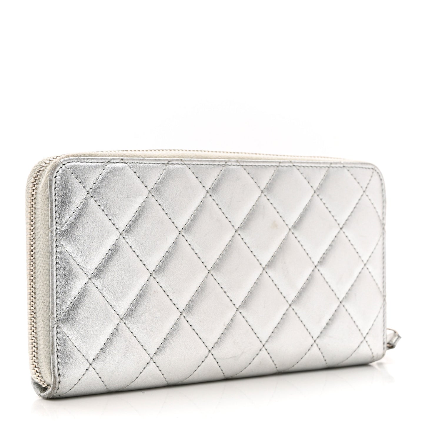Metallic Lambskin Quilted Large Gusset Zip Around Wallet Silver