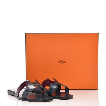 Hermes Box Calfskin Oran Sandals 37.5 Bleu Ardoise Bordeaux 8 of 8