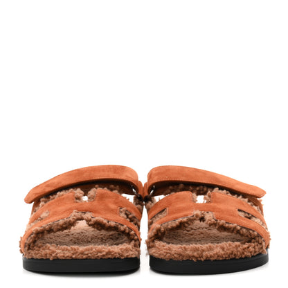 Hermes Suede Goatskin Shearling Womens Chypre Sandals 39 Gold 3 of 8