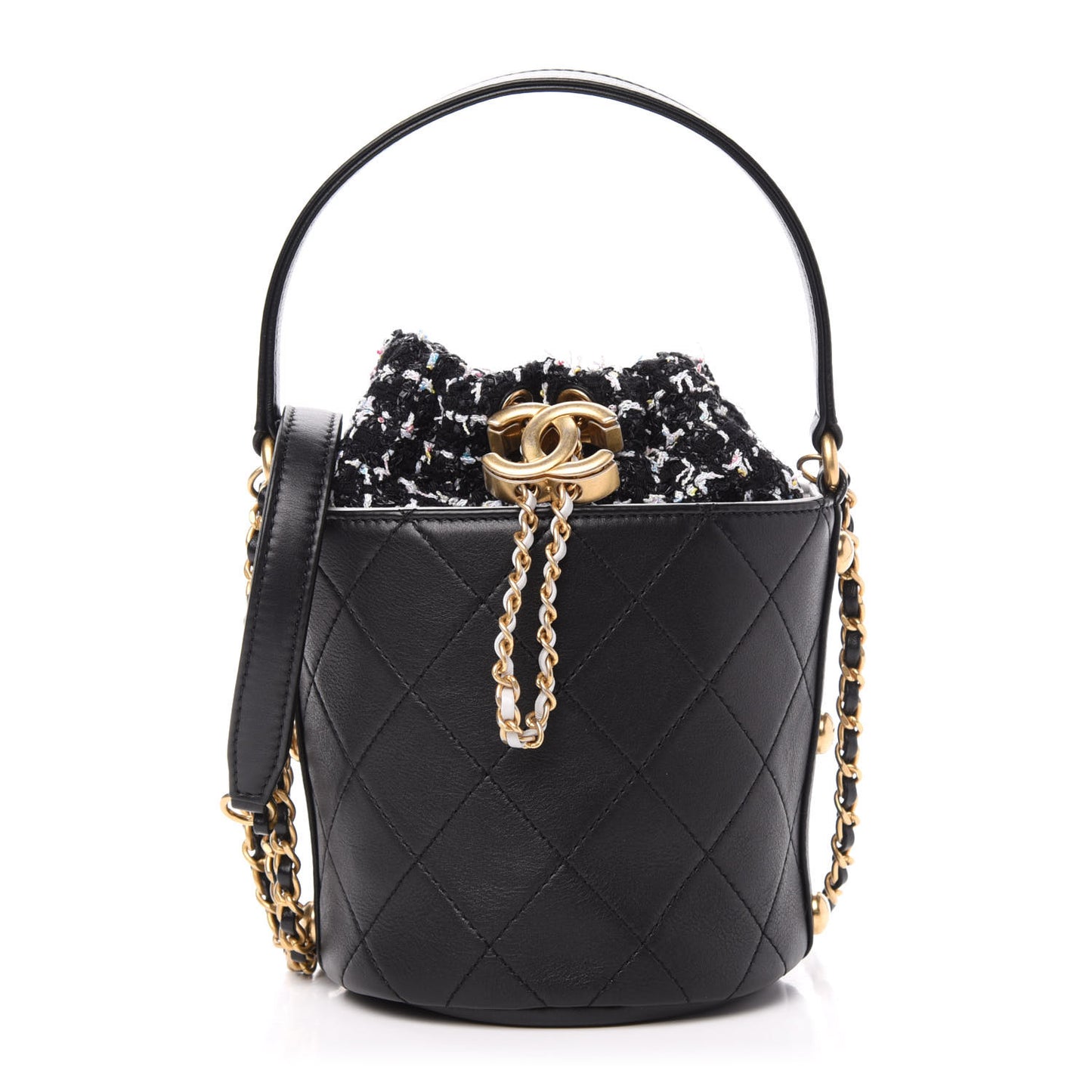 Calfskin Tweed Small CC Chain Bucket Drawstring Bag Black Multicolor