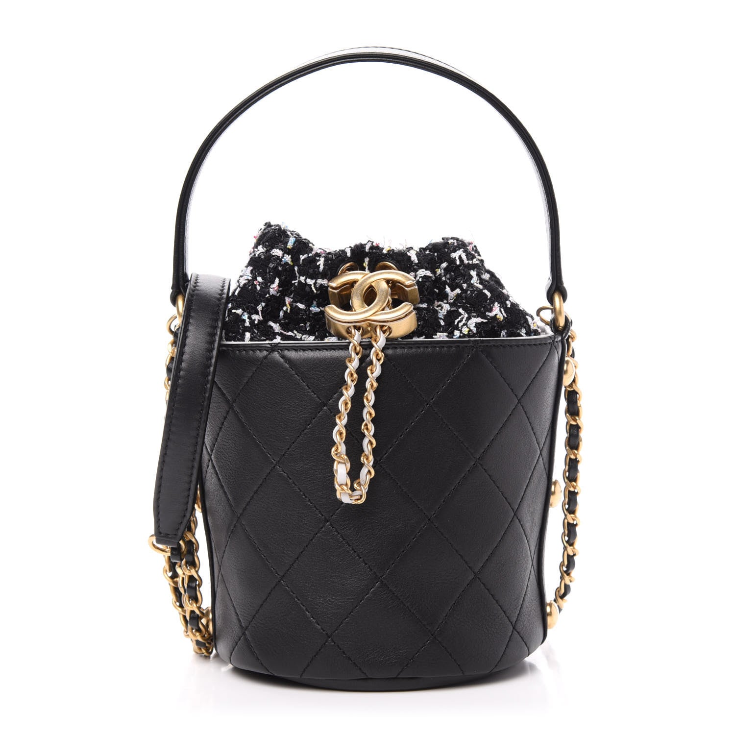 Chanel Calfskin Tweed Small CC Chain Bucket Drawstring Bag Black Multicolor 1 of 11