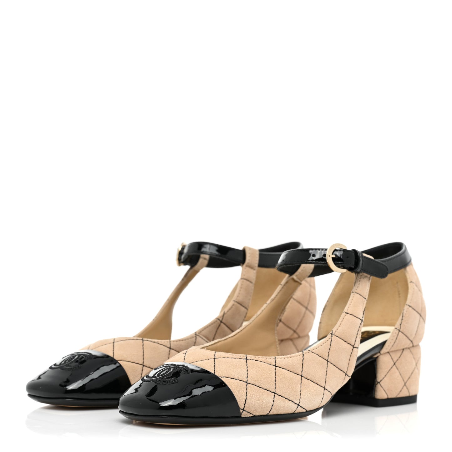 Suede Kidskin Patent Cap Toe Quilted Mary Jane Flats 36.5 Beige Black