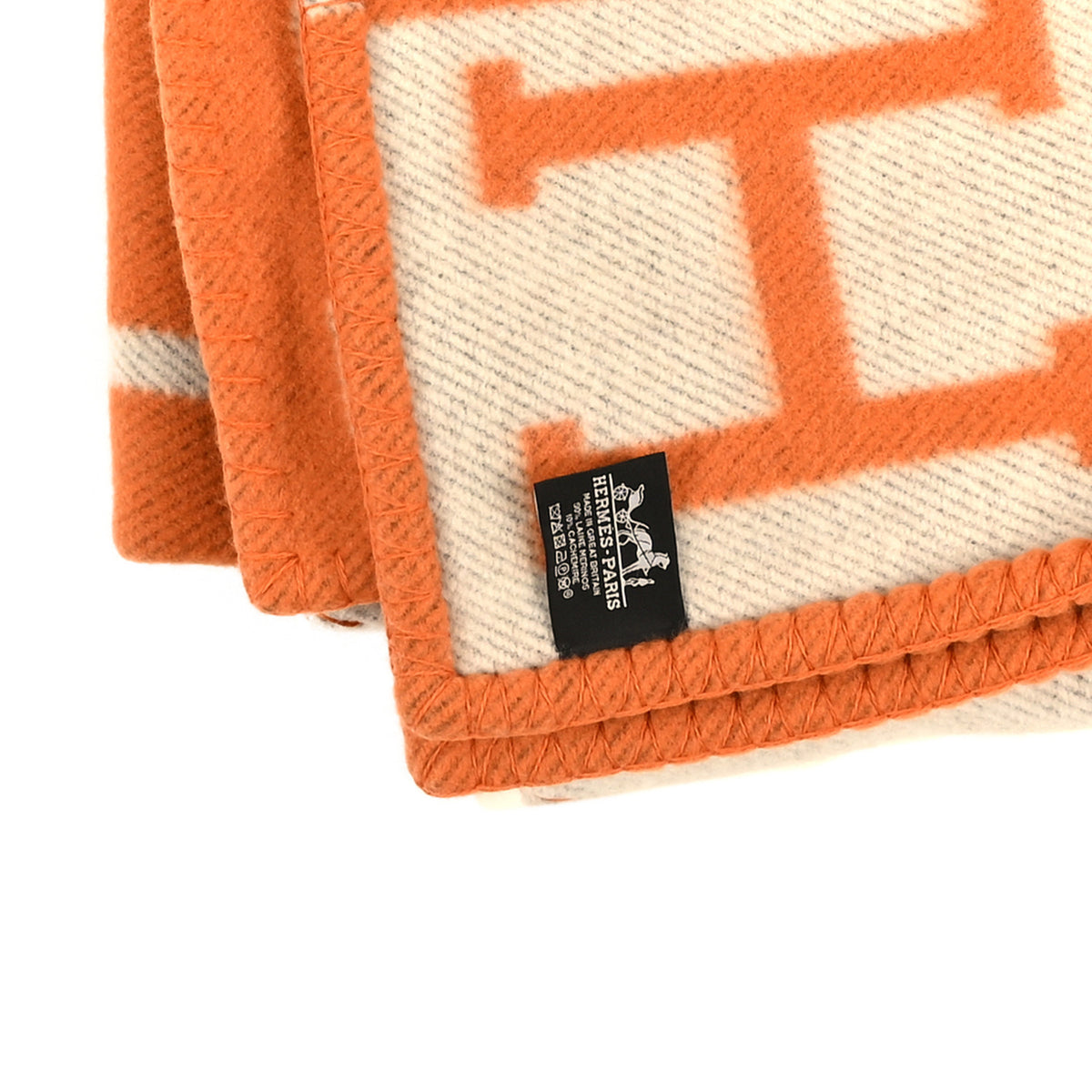 Hermes Wool Cashmere Signature Classic Avalon Blanket Ecru Potiron 3 of 3