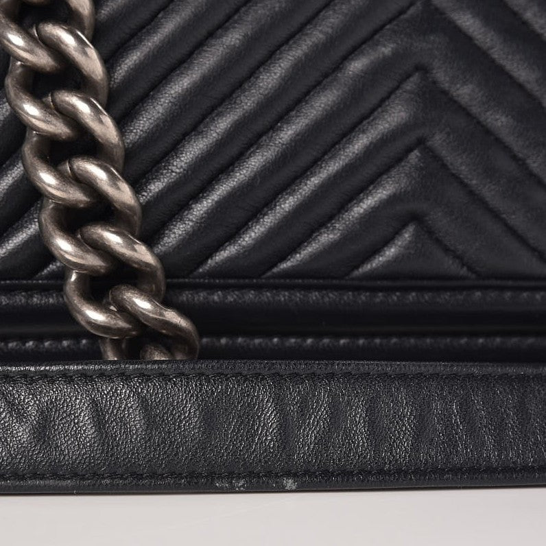 Calfskin Chevron Quilted Medium Boy Flap Dark Navy Blue