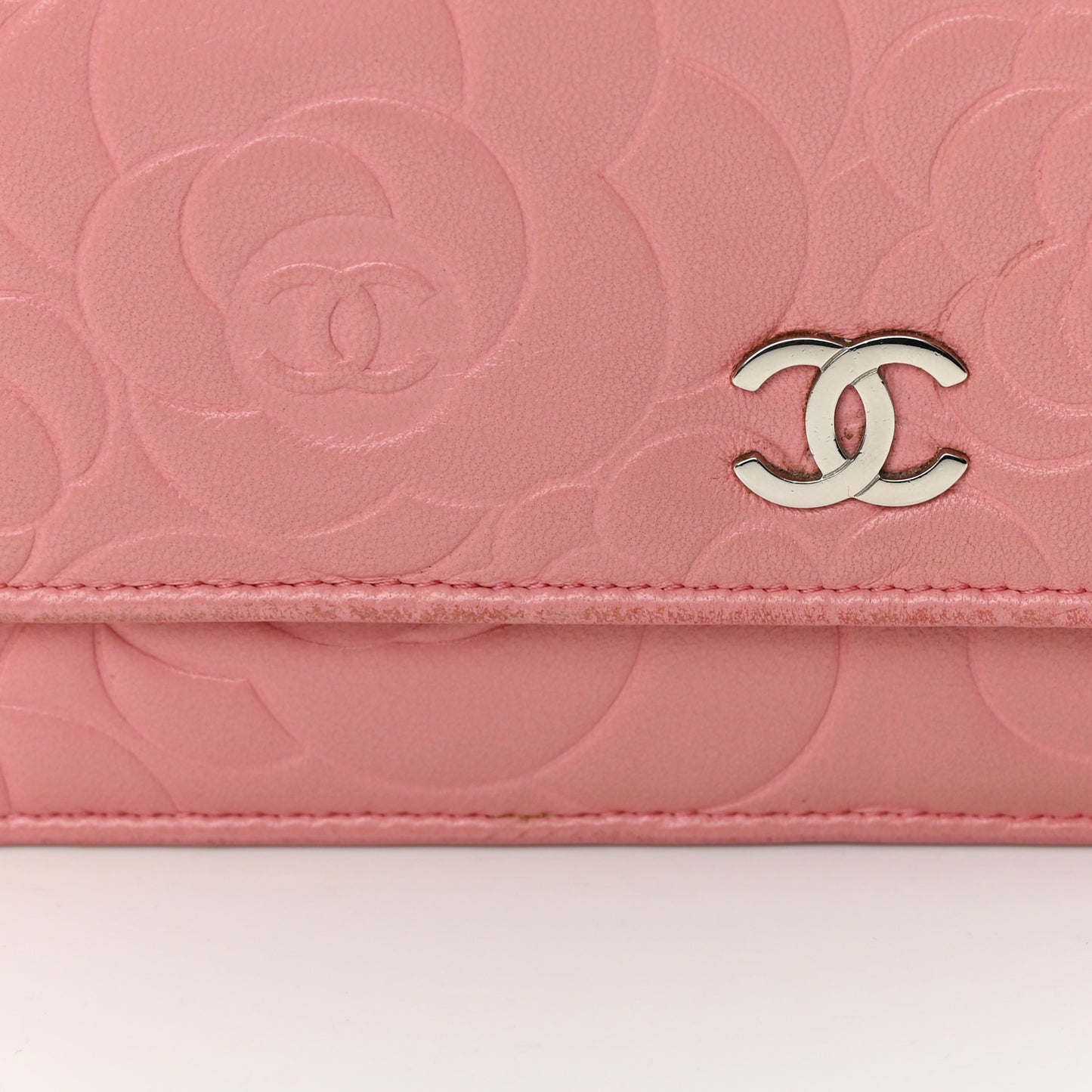 Lambskin Camellia Embossed Wallet On Chain WOC Pink