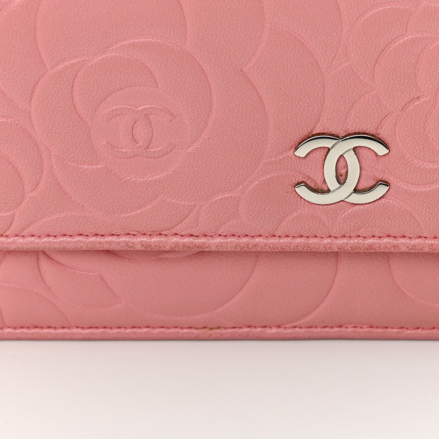 Chanel Lambskin Camellia Embossed Wallet On Chain WOC Pink 17 of 18