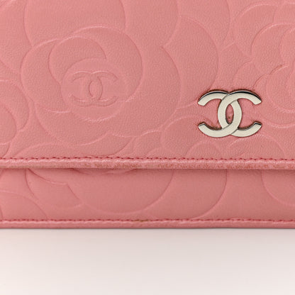 Chanel Lambskin Camellia Embossed Wallet On Chain WOC Pink 17 of 18
