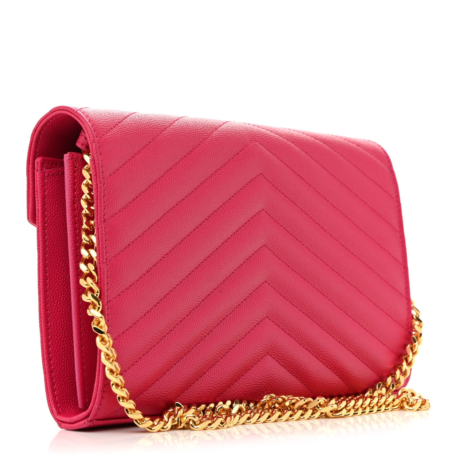 Saint Laurent Grain De Poudre Matelasse Chevron Monogram Chain Wallet Lipstick Fuchsia 3 of 9