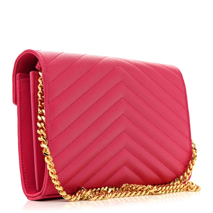Saint Laurent Grain De Poudre Matelasse Chevron Monogram Chain Wallet Lipstick Fuchsia 3 of 9