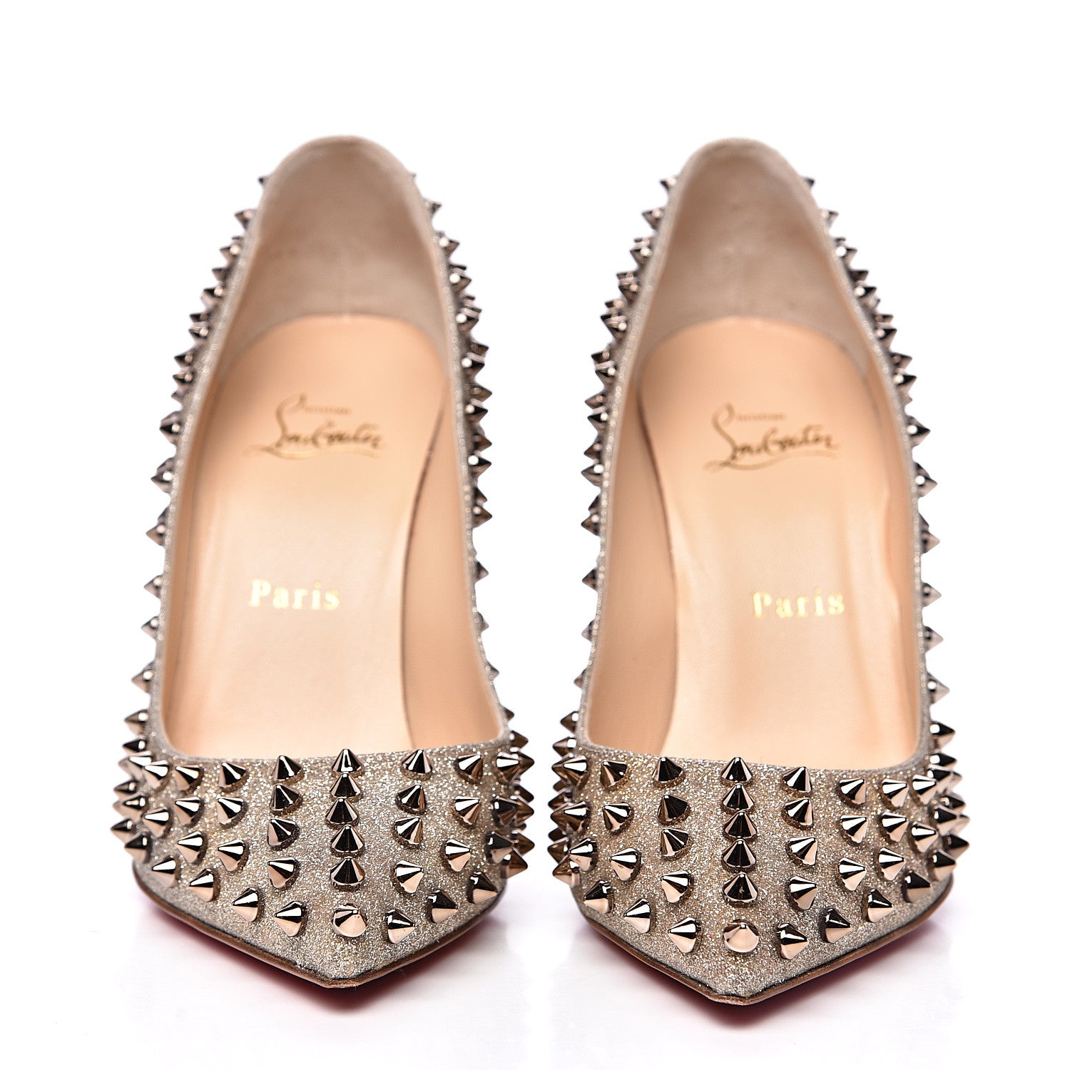 Christian Louboutin Glitter Mini Specchio Follies Spikes 100 Pumps 38 Ivory Colombe Metal 3 of 9