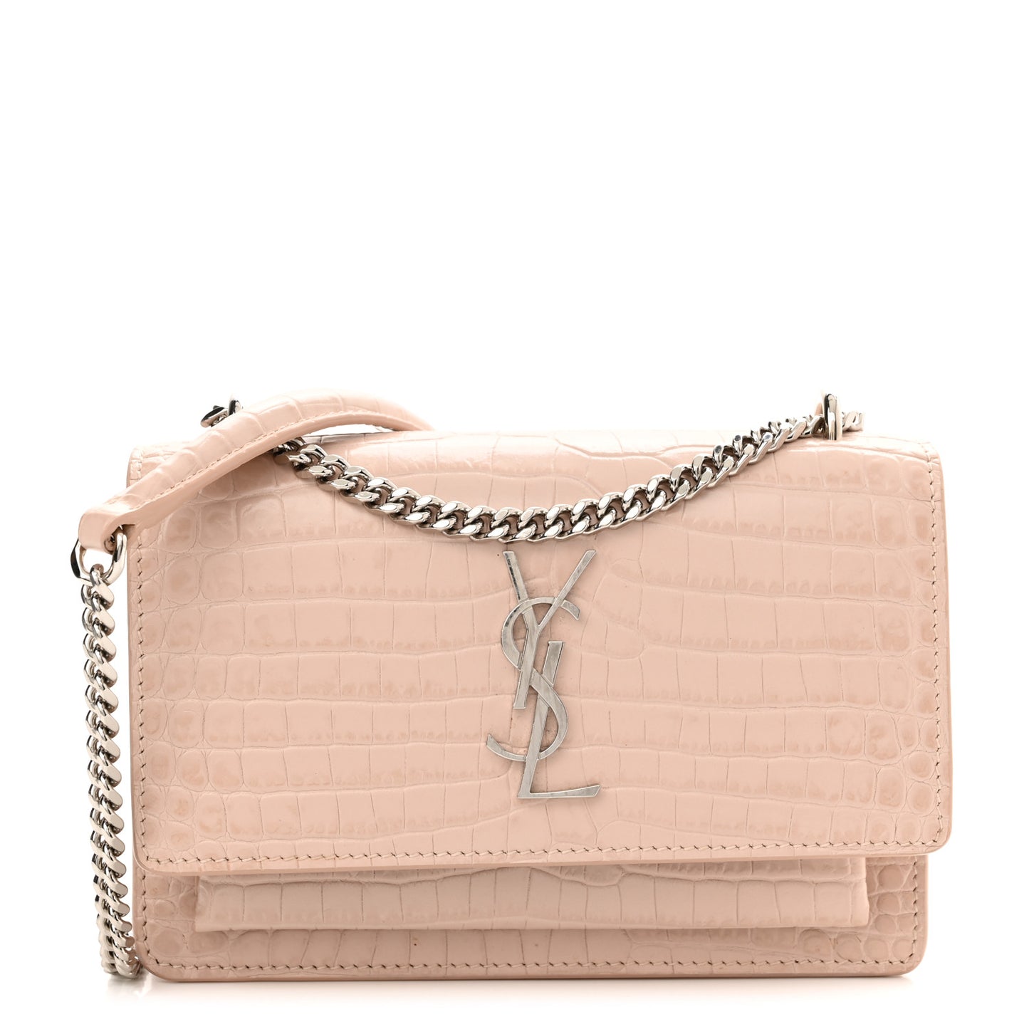 Calfskin Crocodile Embossed Monogram Sunset Chain Wallet Rose Antic