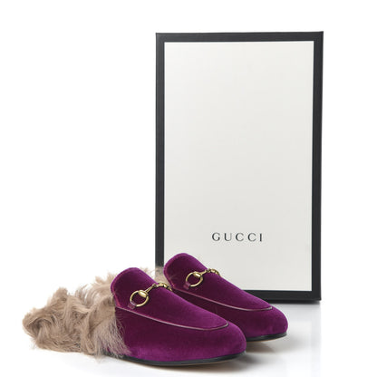 Gucci Velvet Fur Womens Princetown Slippers 35.5 Fucsia Violet Cyclamen Natural 8 of 9