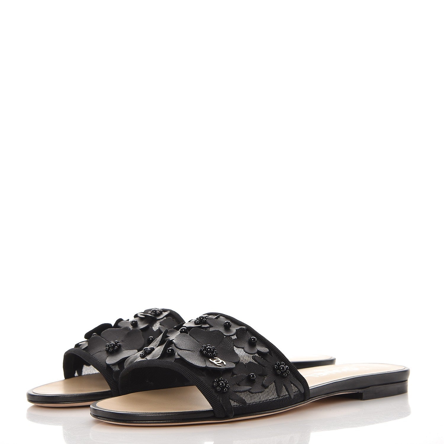 Chanel Lambskin Mesh Camellia Mule Sandals 39 Black 2 of 7