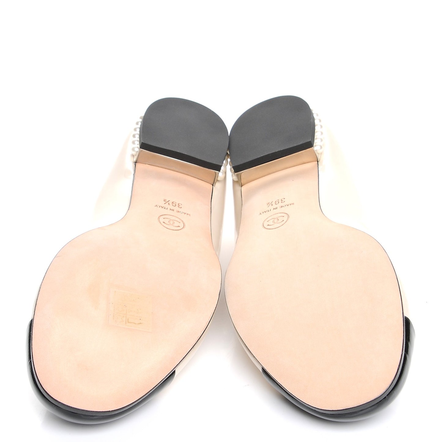 Patent Calfskin Pearl Cap Toe Flats 39.5 Light Beige Black