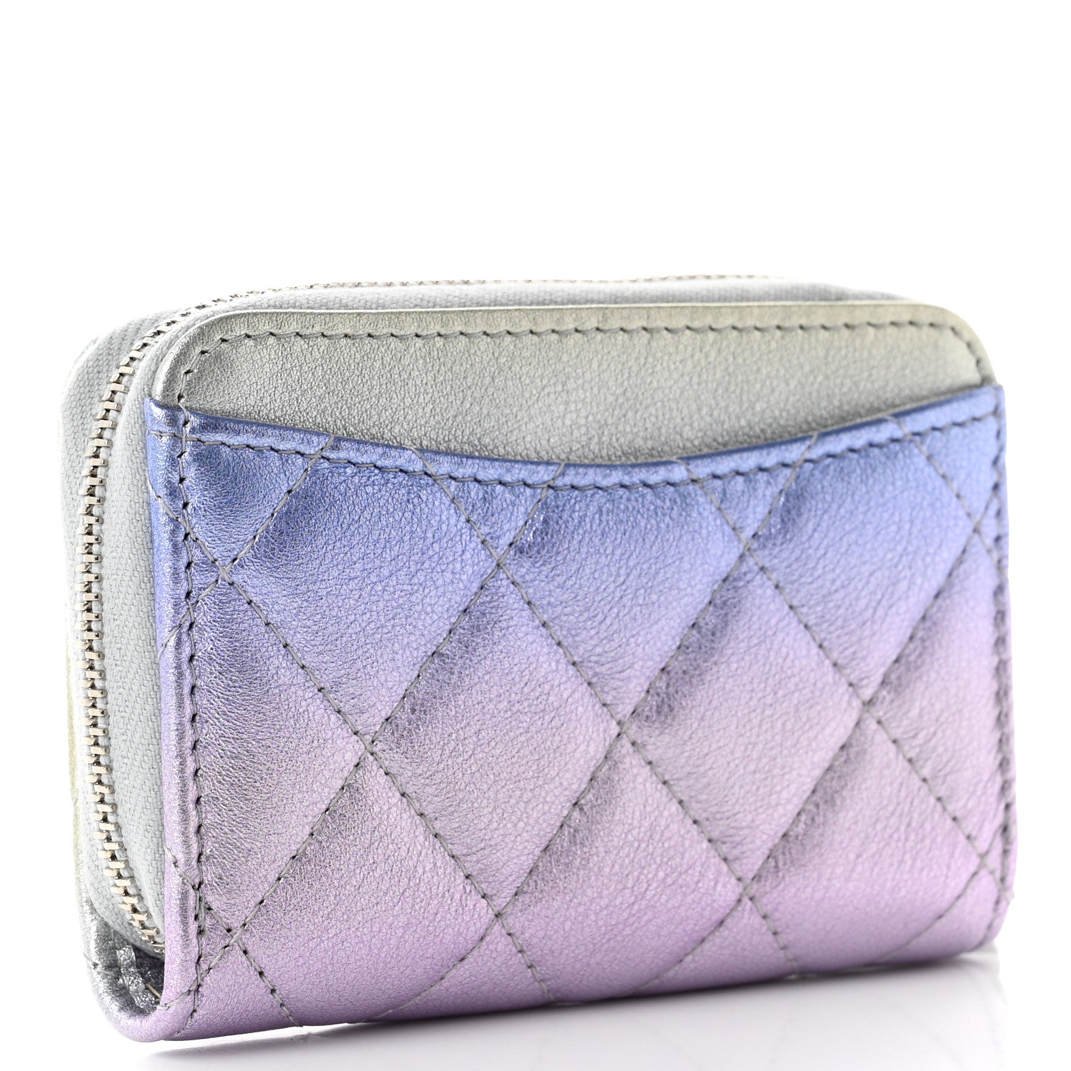 Chanel Gradient Metallic Calfskin Quilted Zip Around Coin Purse Wallet Silver Blue Yellow Purple 3 of 8