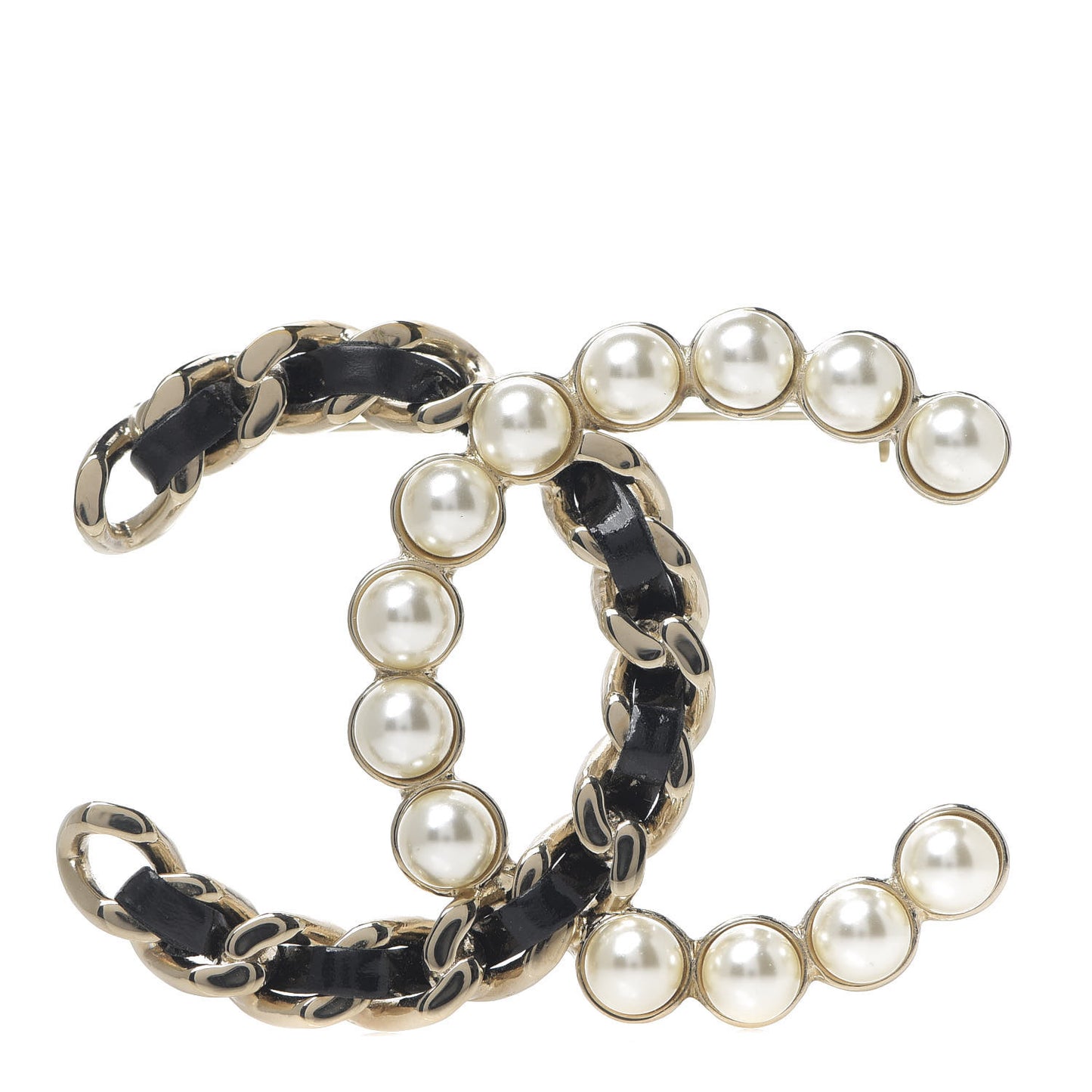 Lambskin Pearl CC Chain Brooch Black Gold