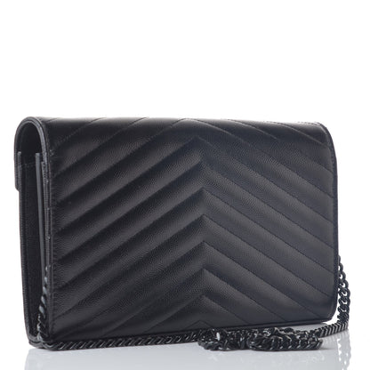 Saint Laurent Grain De Poudre Matelasse Chevron Monogram Chain Wallet Black 3 of 7