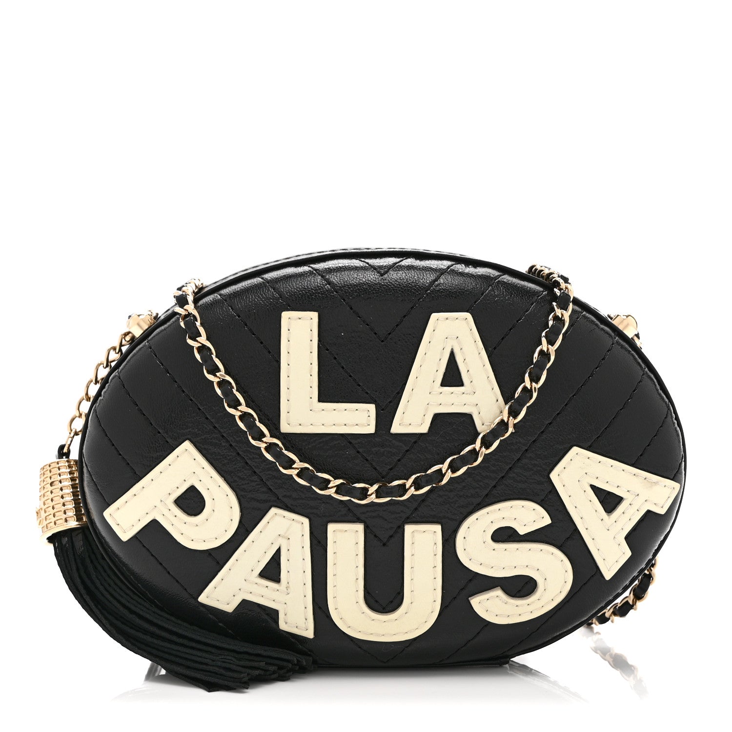 Chanel Lambskin Embroidered Chevron Quilted La Pausa Tassel Clutch Black 1 of 10