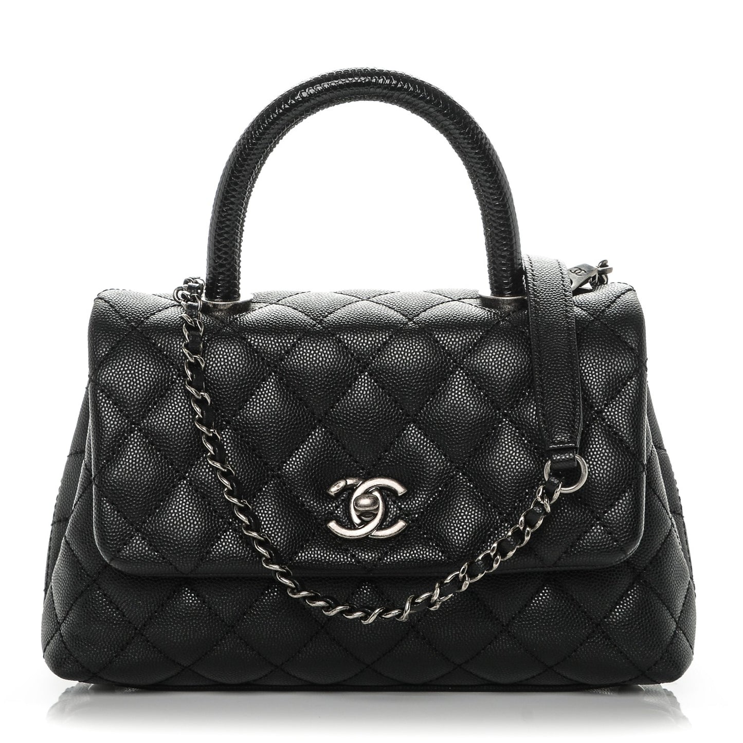 Caviar Lizard Quilted Mini Coco Handle Flap Black