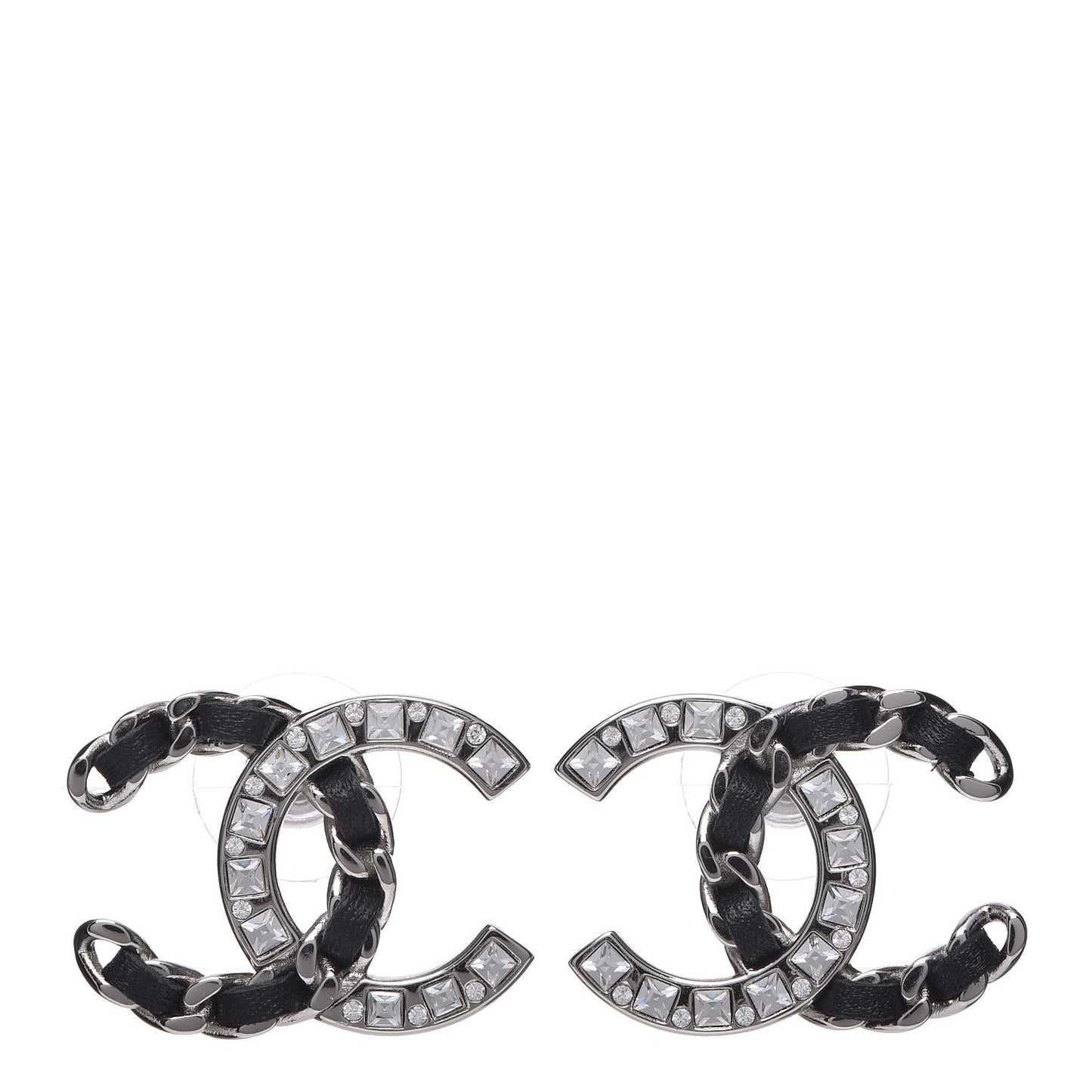 Crystal Baguette Lambskin Large CC Earrings Silver Black