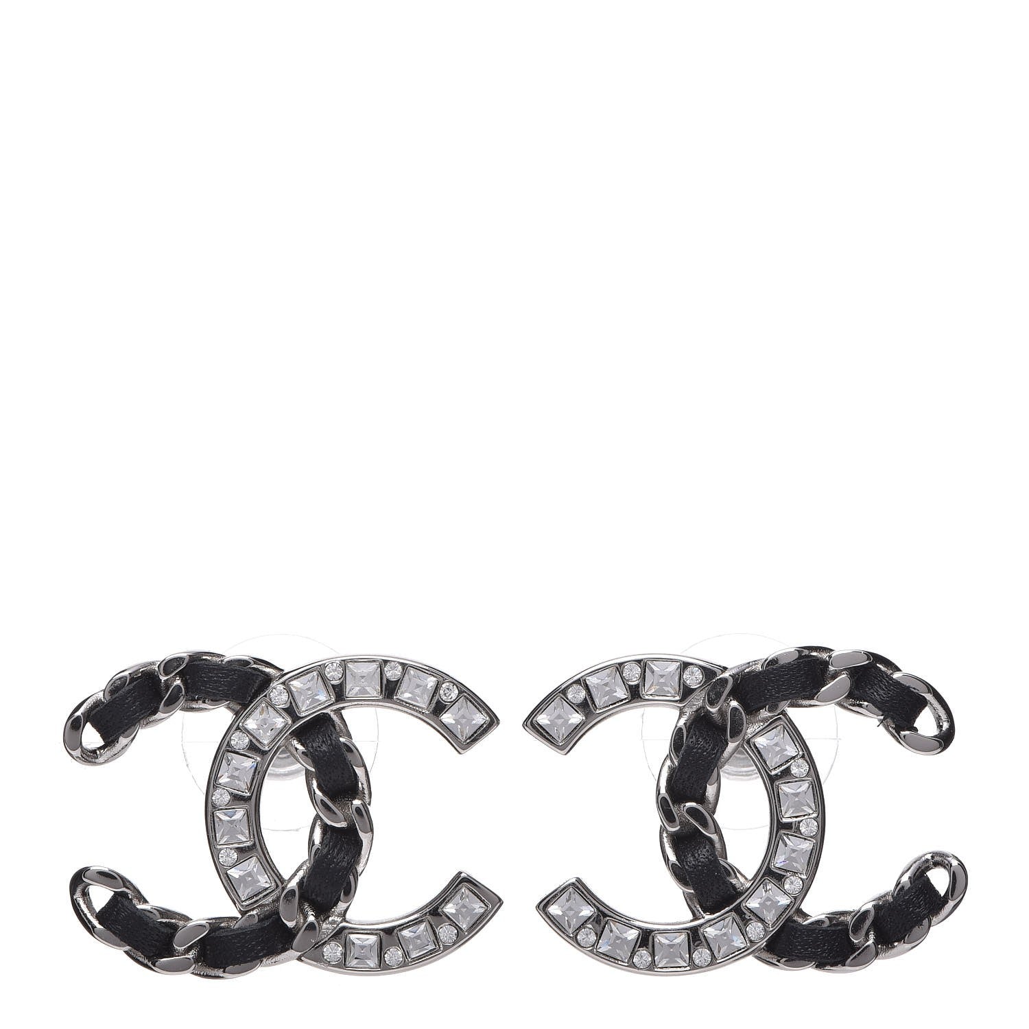 Chanel Crystal Baguette Lambskin Large CC Earrings Silver Black 1 of 5