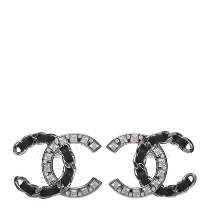 Chanel Crystal Baguette Lambskin Large CC Earrings Silver Black 1 of 5