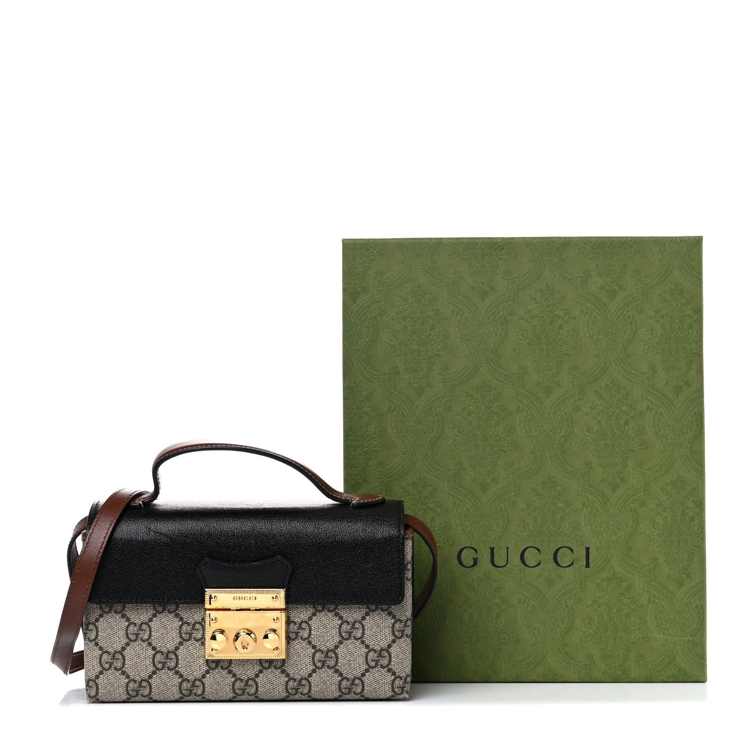 Gucci GG Supreme Monogram Calfskin Mini Padlock Top Handle Shoulder Bag Beige Black Cuir 16 of 16