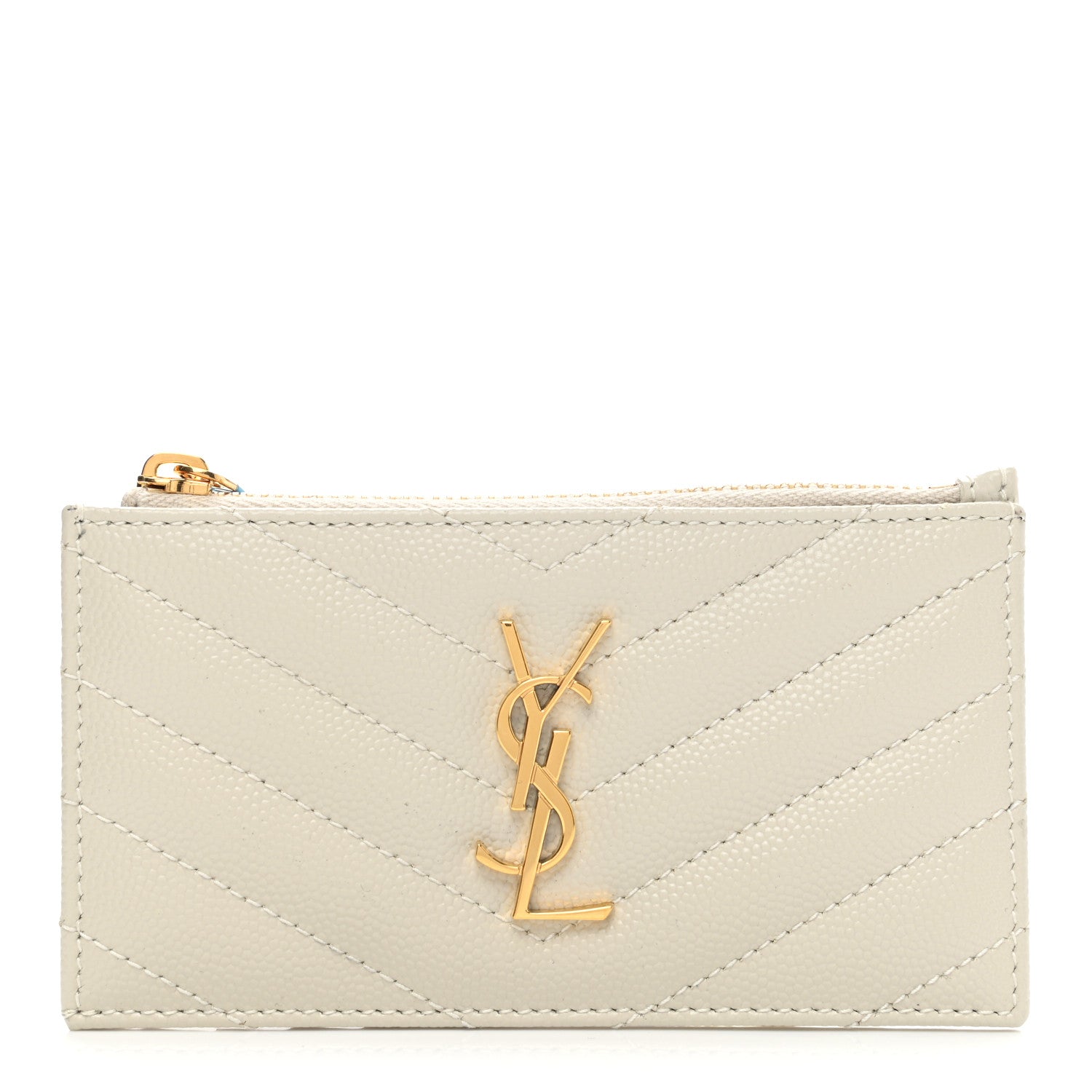 Saint Laurent Grain De Poudre Matelasse Chevron Monogram Fragments Zippered Card Case Crema Soft 1 of 8