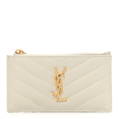 Saint Laurent Grain De Poudre Matelasse Chevron Monogram Fragments Zippered Card Case Crema Soft 1 of 8
