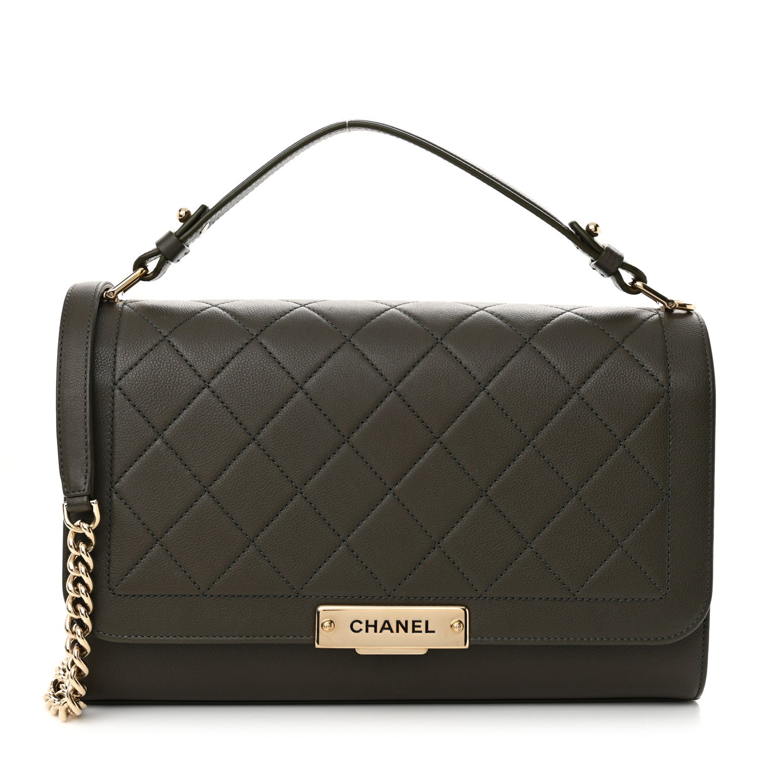 Chanel Grained Calfskin Quilted Large Label Click Flap Bag Khaki Khaki 1 of 11