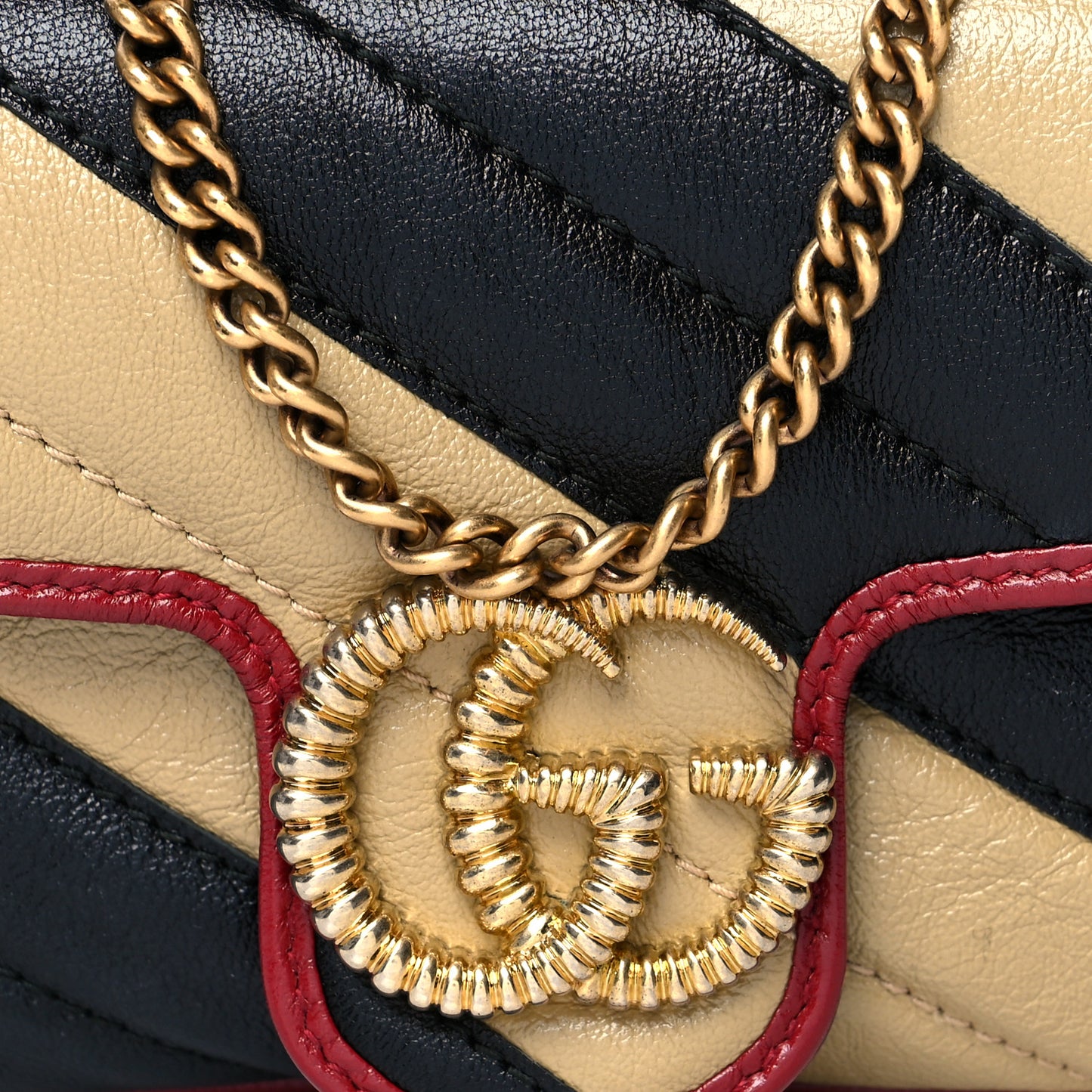 Vintage Effect Calfskin Matelasse Diagonal Striped Super Mini Torchon GG Marmont Shoulder Bag Black Beige
