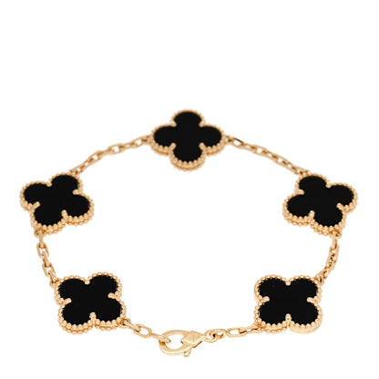 Van Cleef & Arpels 18K Yellow Gold Black Onyx 5 Motifs Vintage Alhambra Bracelet 2 of 5