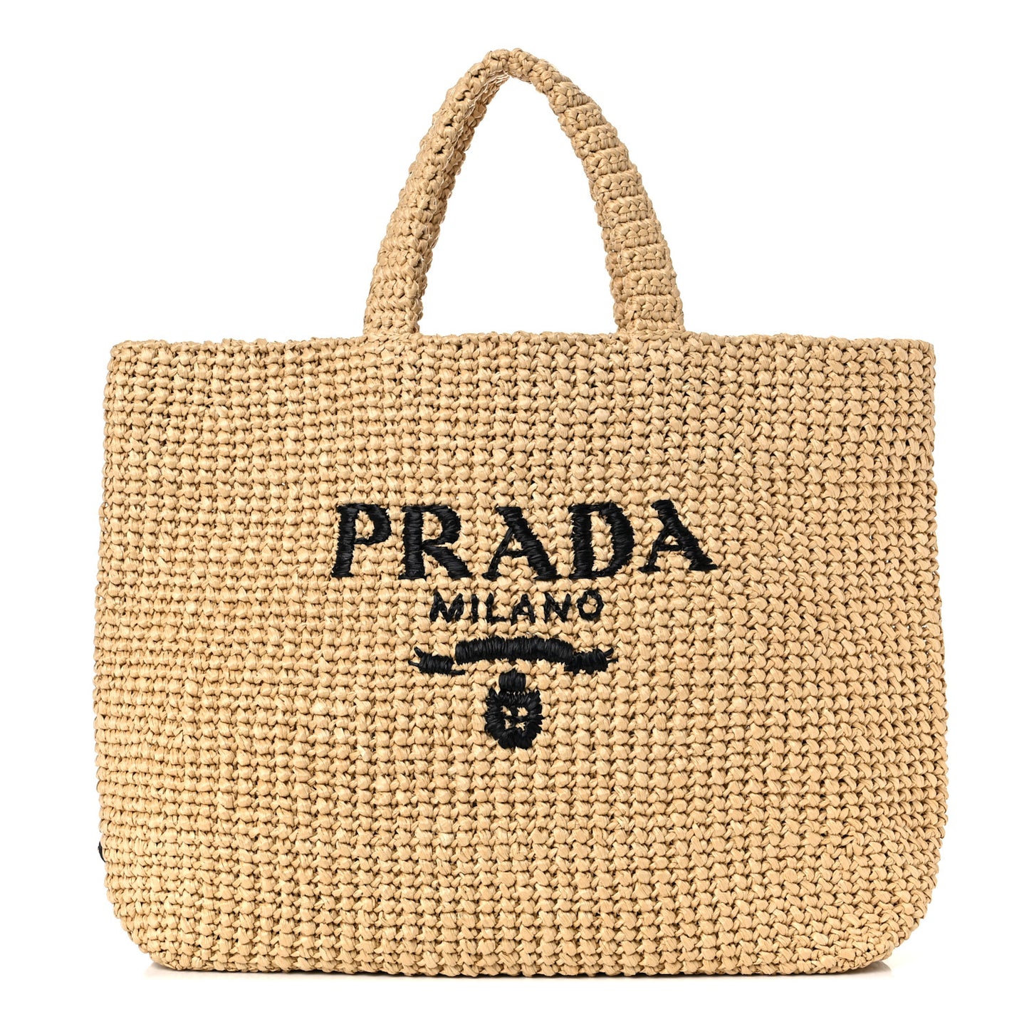 Yarn Raffia Effect Crochet Embroidered Logo Tote Naturale