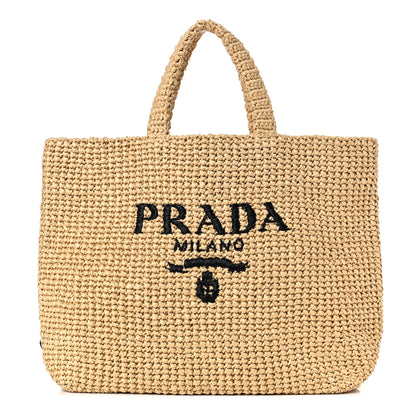 Prada Yarn Raffia Effect Crochet Embroidered Logo Tote Naturale 1 of 8