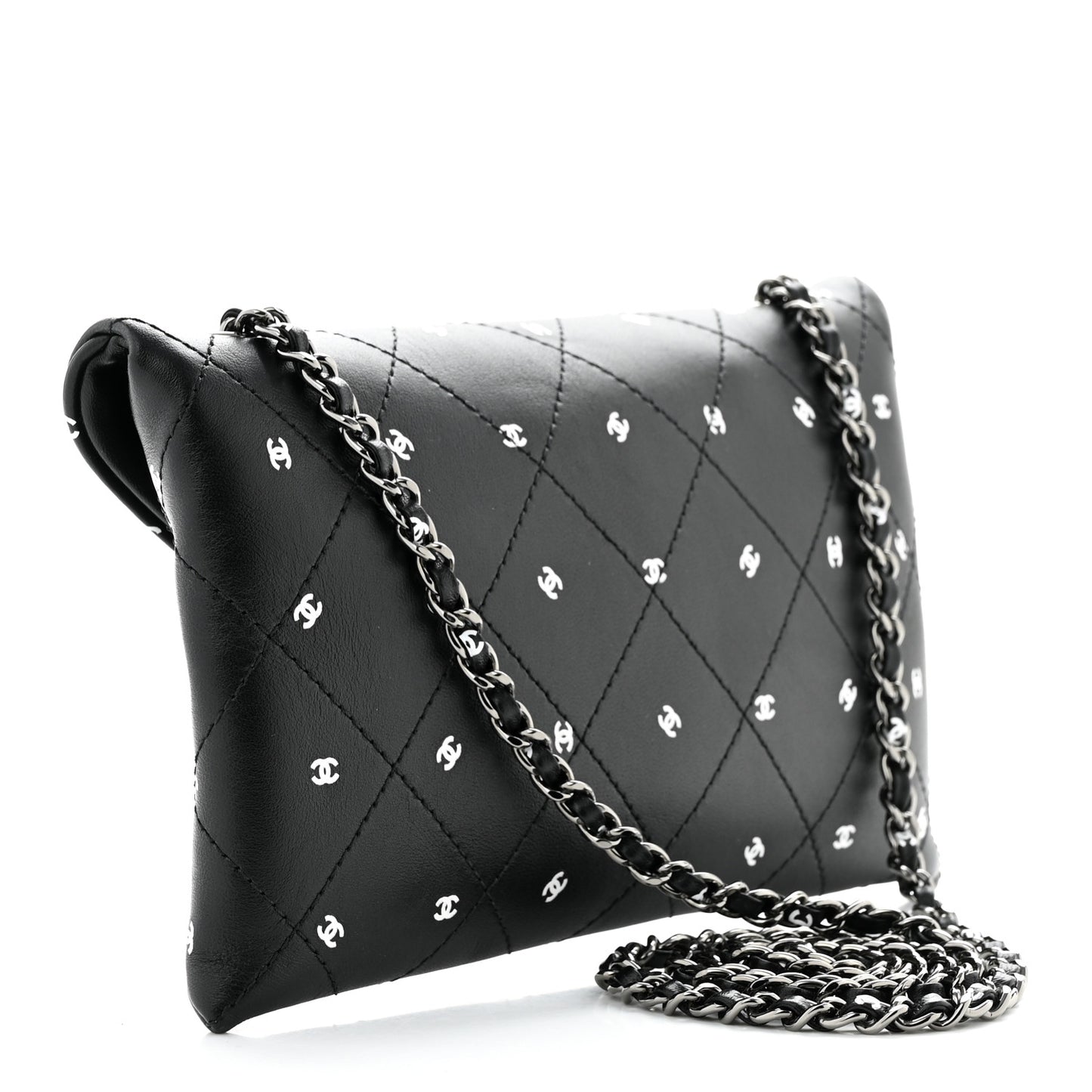 Printed Lambskin Logo CC Envelope Clutch With Chain Black White