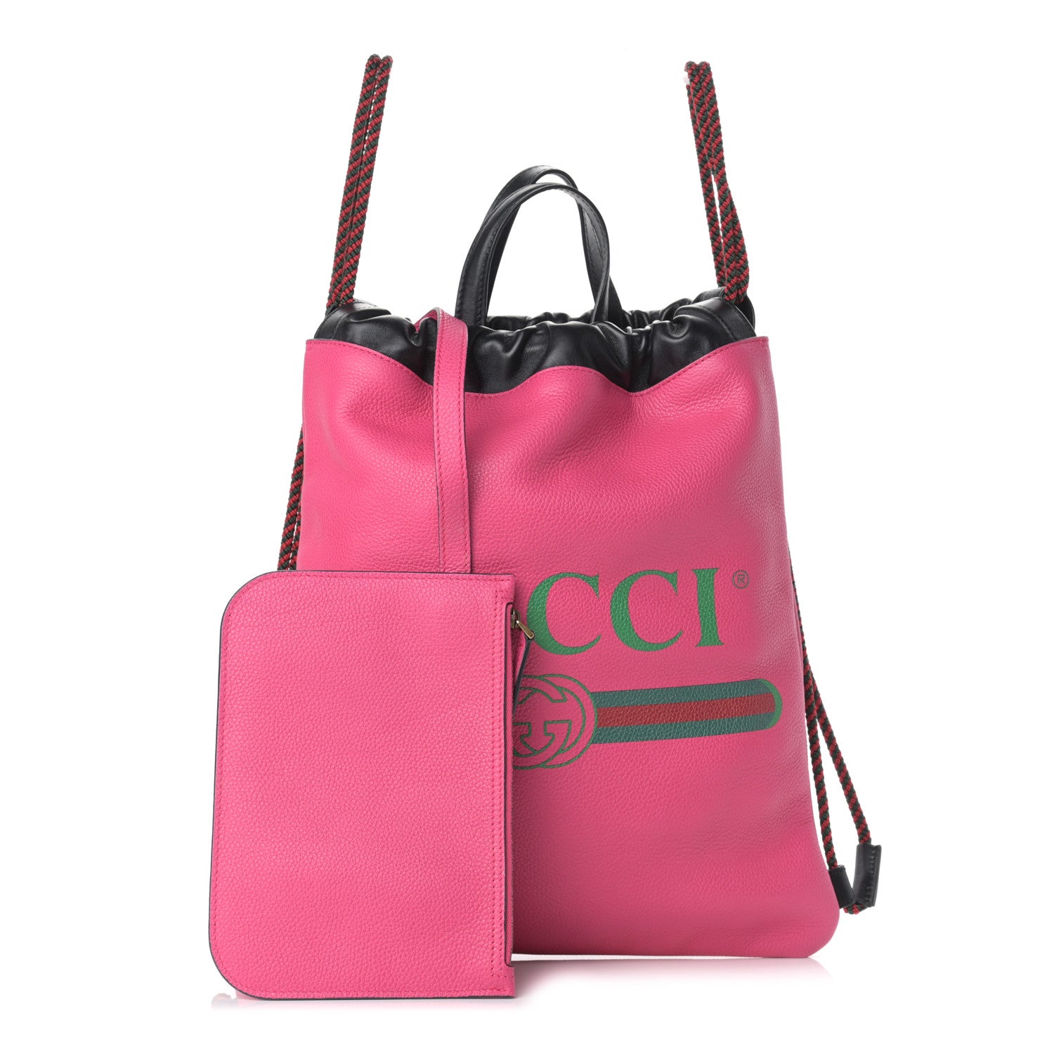 Gucci Grained Calfskin Logo Drawstring Backpack Box Pink Green Black 3 of 12