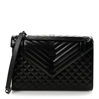 Saint Laurent Grain De Poudre Textured Mixed Matelasse Large Triquilt Monogram Monochrome Satchel Black 1 of 9