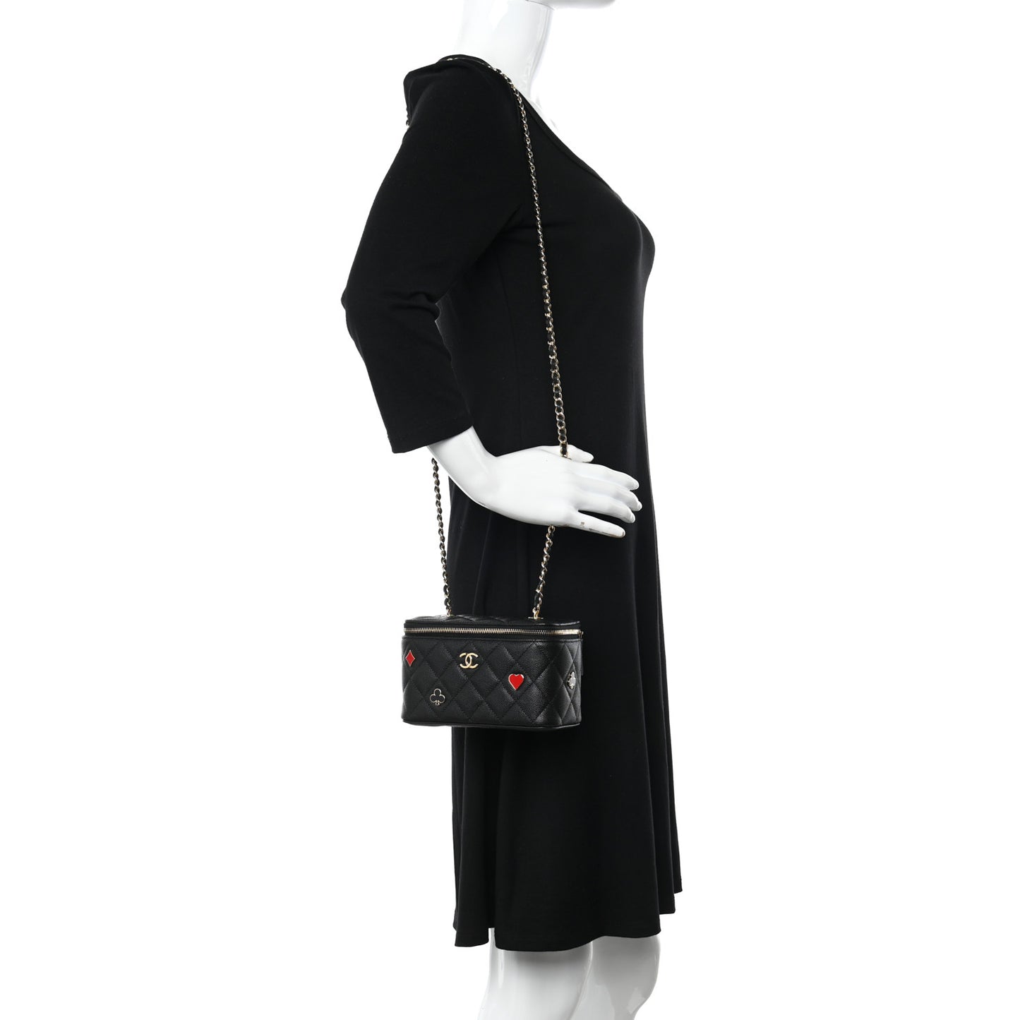 Caviar Quilted Enamel Coco Casino Small Vanity Case With Chain Black