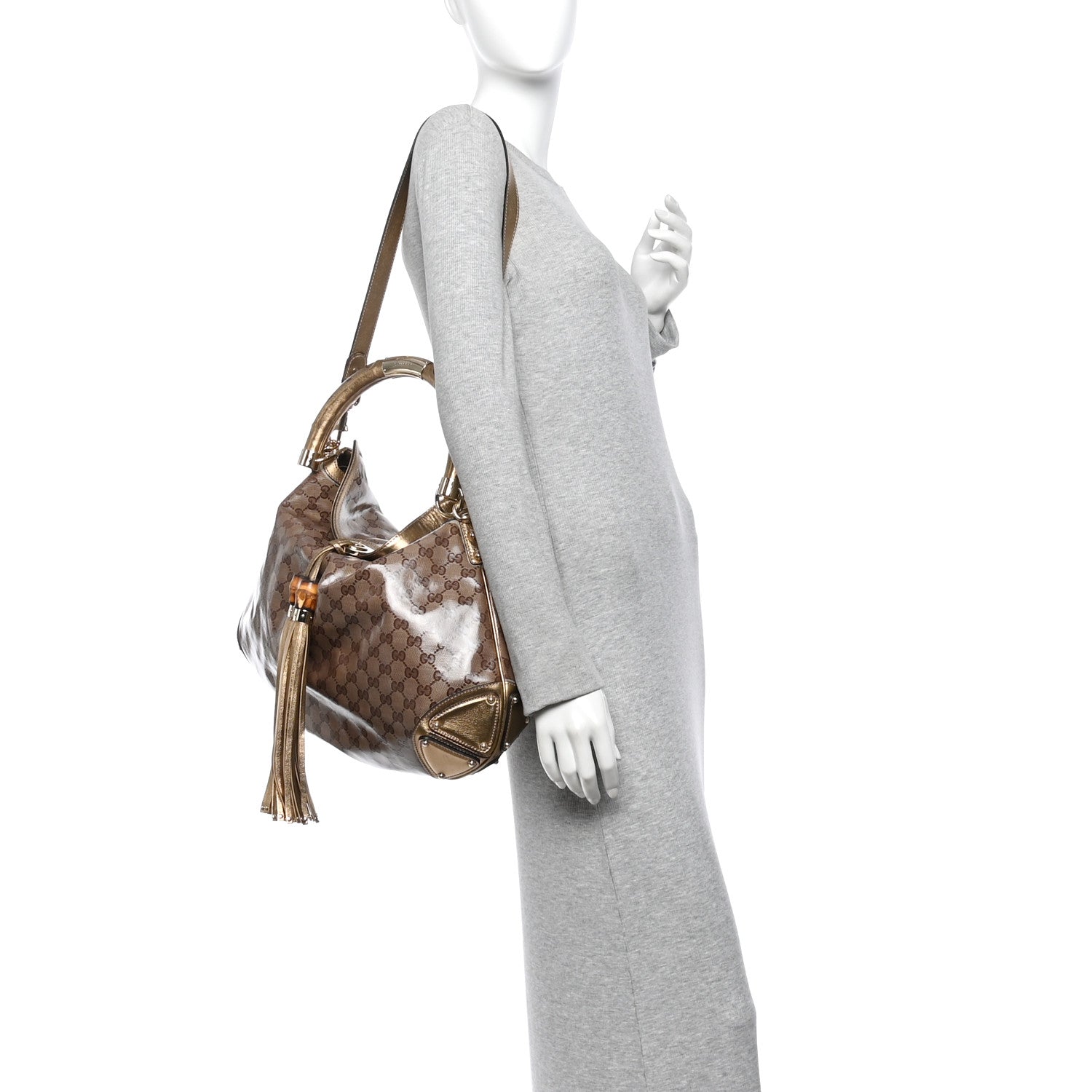 Gucci Crystal Monogram Metallic Calfskin Large Indy Top Handle Bag Beige Ebony Gold 2 of 10